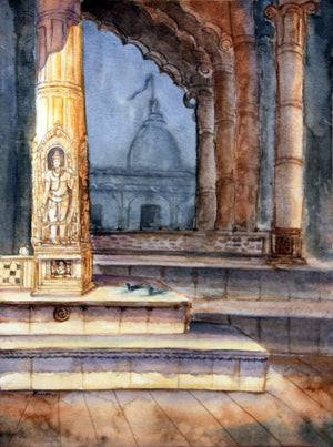 Sun God (Temple Interior) by Krupa Shah, Original Watercolor Landscape Painting on Paper, Small Vertical Wall Art