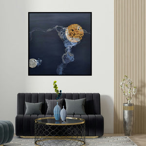 Vanchha Dixit's 'Sun Set 3 (Celestial Ballet)' painting visualized above a sofa in a contemporary room.
