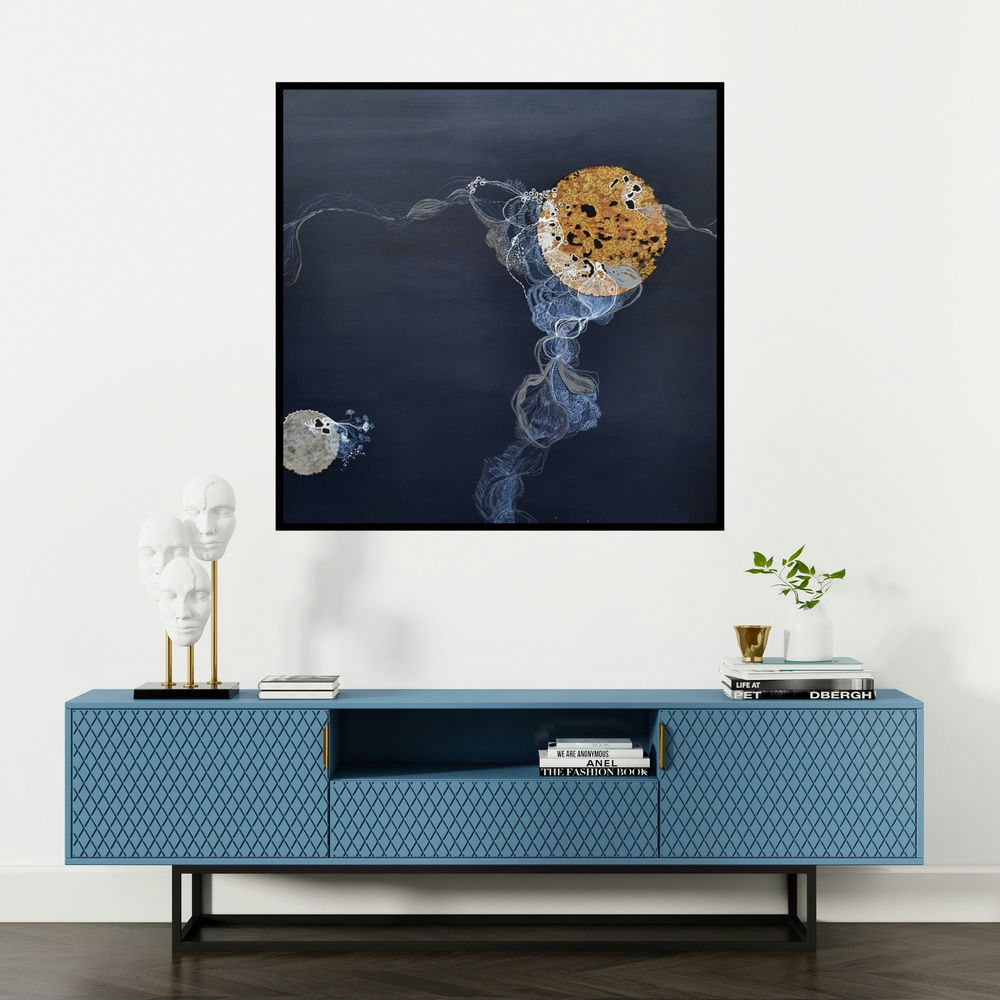 'Sun Set 3 (Celestial Ballet)' painting by Vanchha Dixit shown on a wall in a furnished room.