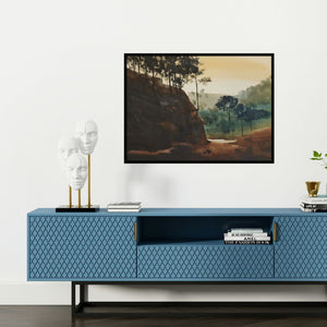 Preview of 'Sun Shines On The Pond 2 (Serene Solitude)' Painting by Prashant Prabhu shown on a wall in a furnished room.