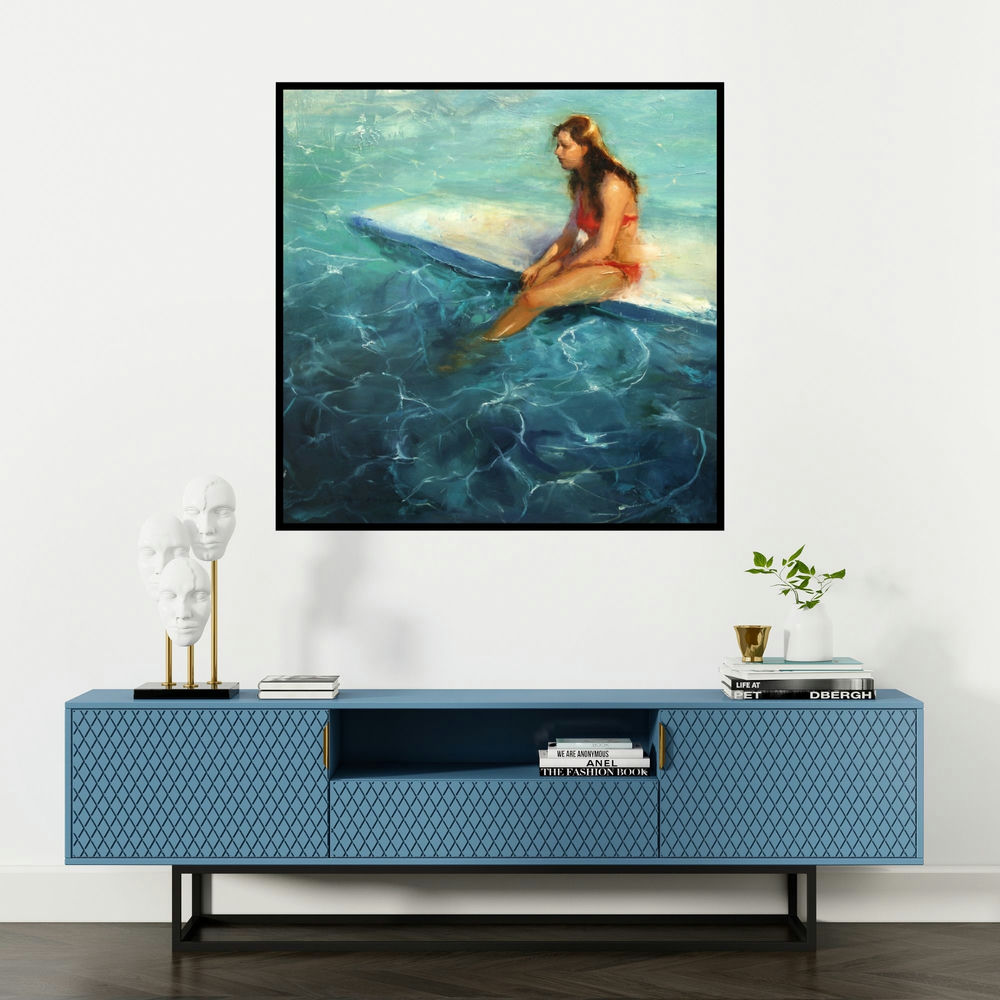 'Sunbath' painting by Surabhi Gulwelkar shown on a wall in a furnished room.