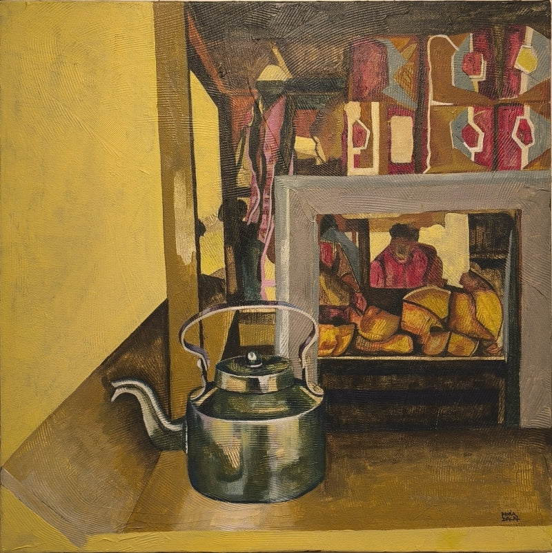 Sunday Breakfast' still-life acrylic painting by artist Mona Dalal, 18x18 inch, on canvas