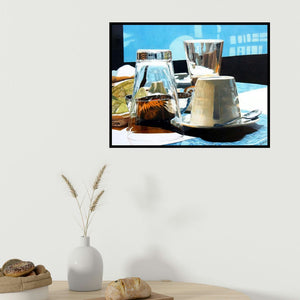 Sripriya Mozumdar's 'Sunday Breakfast' painting visualized above a sofa in a contemporary room.