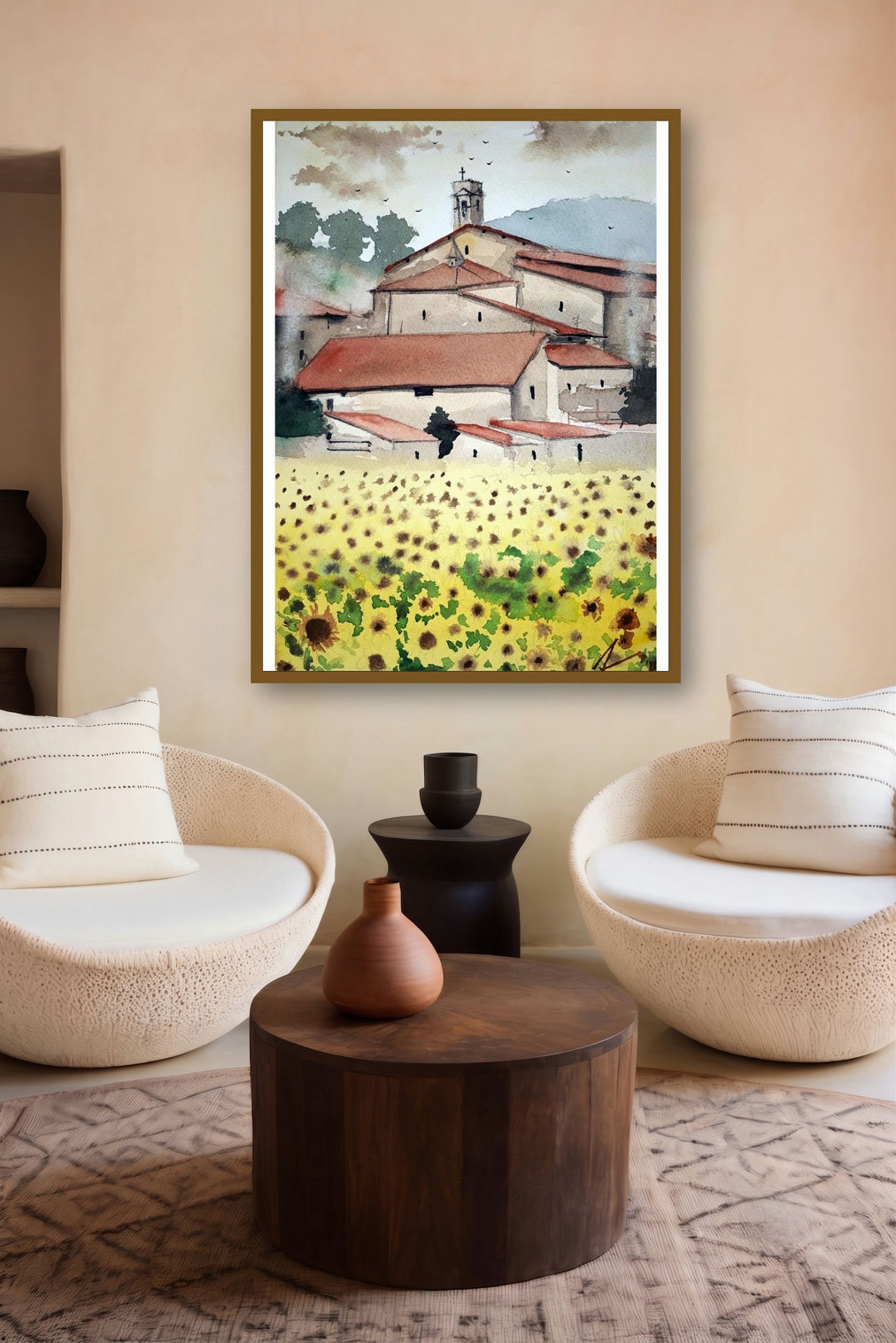 Sunflower At Tuscanny Italy (Tuscan Idyll) by artist Arunava Ray displayed in a Minimalist gallery