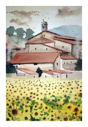 Sunflower At Tuscanny Italy (Tuscan Idyll) by Arunava Ray, Original Watercolor Cityscape Painting on Paper, X-Small Vertical Wall Art