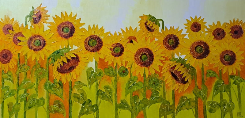 Sunflowers' nature oil painting by artist Swati Kale, 30x60 inch, on canvas