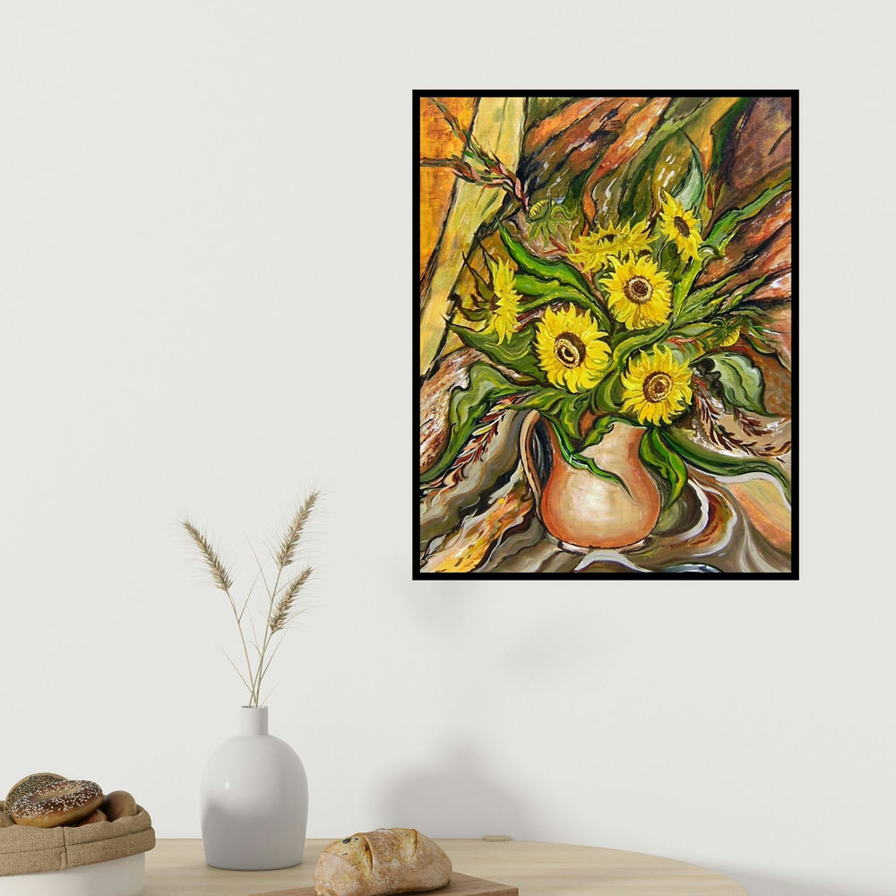 Manju Lamba's 'Sunflowers In A Vase' painting visualized above a sofa in a contemporary room.