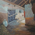 'Sunlit Threshold' landscape acrylic painting by artist Anumitra Basu Mandal, 18x18 inch, on canvas