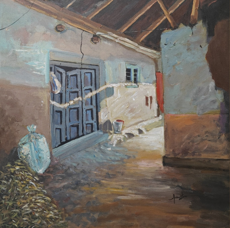 'Sunlit Threshold' landscape acrylic painting by artist Anumitra Basu Mandal, 18x18 inch, on canvas