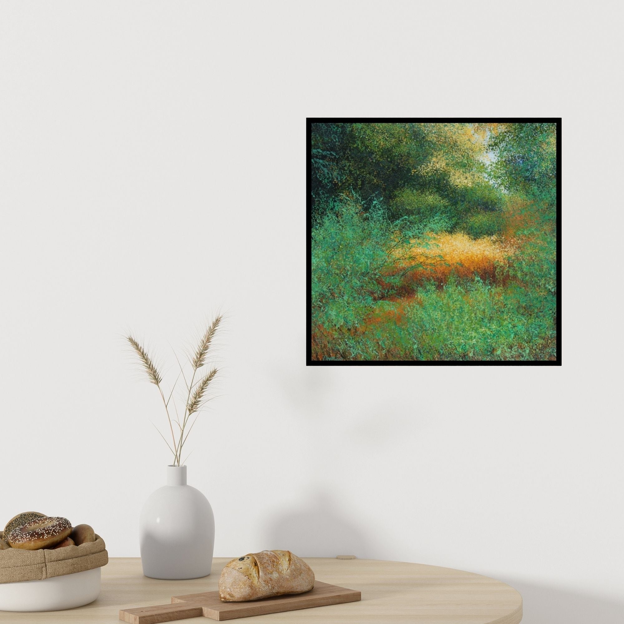 Preview of 'Sunny Day (Forest Clearing)' Painting by Vimal Chand shown on a wall in a furnished room.