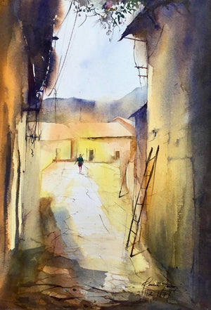 Sunny Outside (Glimpse Through the Alley) by Mohd Qaseem Farooqui, Original Watercolor Cityscape Painting on Paper, Small Vertical Wall Art