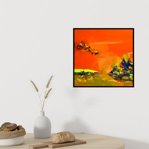 In-situ view of Dnyaneshwar Dhavale's 'Sunrise (Abstract Landscape in Orange)' painting in a room