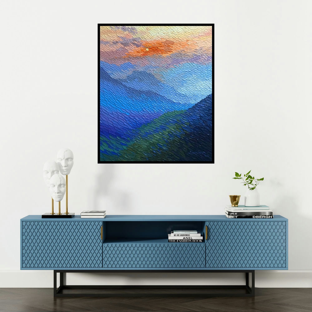 Shraddha More's 'Sunrise (Golden Hour)' painting visualized above a sofa in a contemporary room.