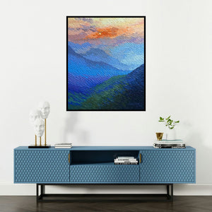 Shraddha More's 'Sunrise (Golden Hour)' painting visualized above a sofa in a contemporary room.