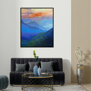 'Sunrise (Golden Hour)' painting by Shraddha More shown on a wall in a furnished room.