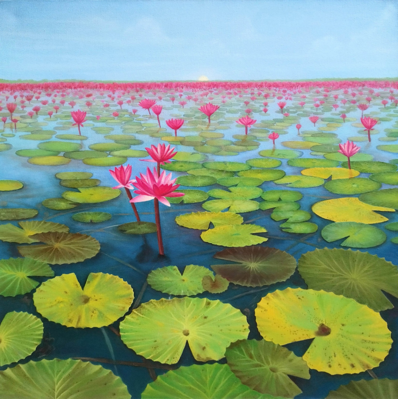 Sunrise Near Lotus Pond' nature oil painting by artist Bhavesh Joshi, 30x30 inch, on canvas