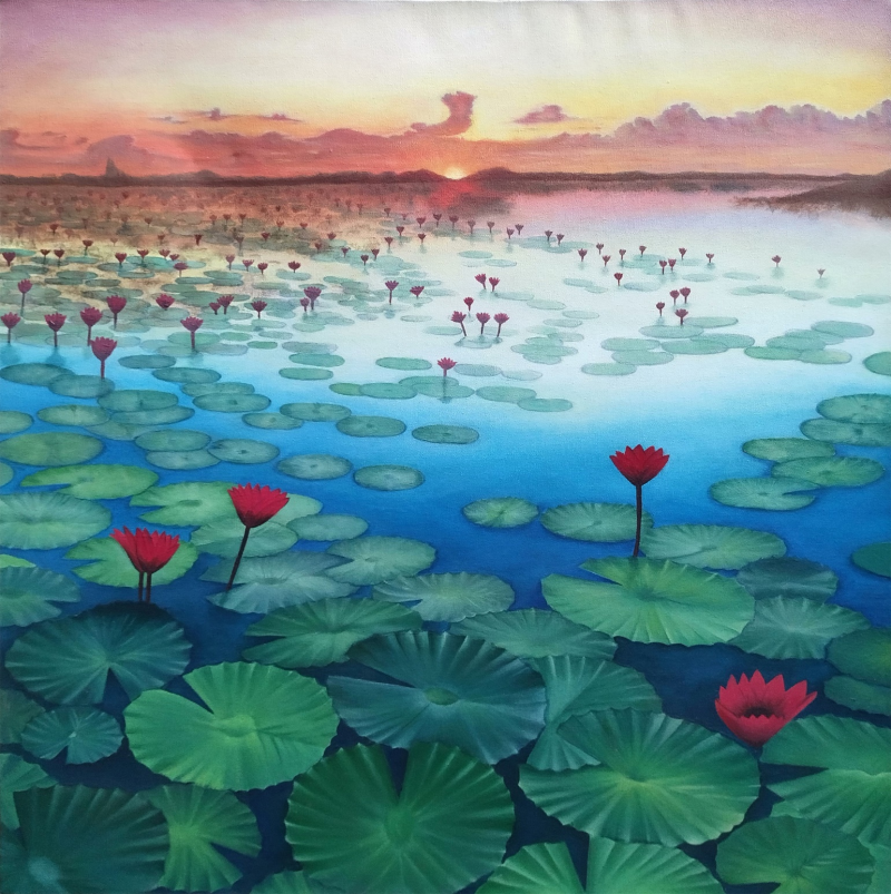 Sunset Near Lotus Pond' nature oil painting by artist Bhavesh Joshi, 30x30 inch, on canvas