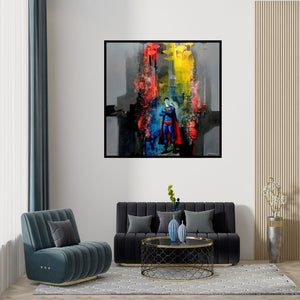 Preview of 'Superman (Super Self)' Painting by Pradip Sengupta shown on a wall in a furnished room.