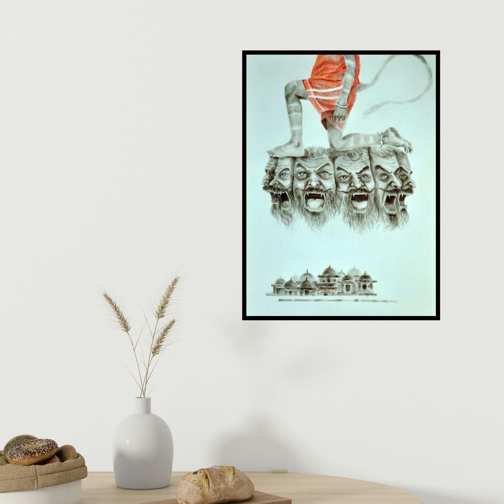 Chaitanya Ingle's 'Support (The Triumph of Good)' painting visualized above a sofa in a contemporary room.