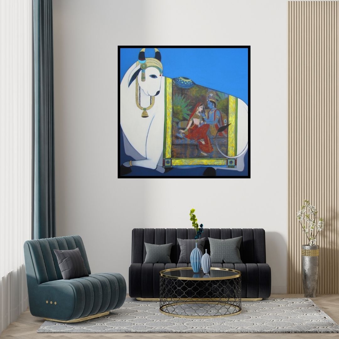 Preview of 'Surabhi (Holy Bull with Radha Krishna)' Painting by Ashok Rathod shown on a wall in a furnished room.