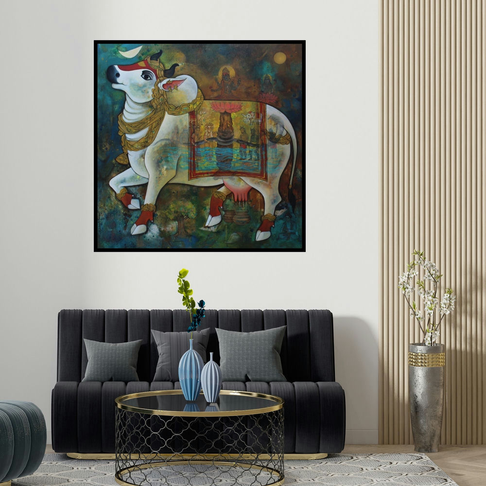 N P Rajeshwarr's 'Surabhi (Nandi: The Divine Bull)' painting visualized above a sofa in a contemporary room.