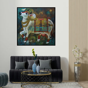 N P Rajeshwarr's 'Surabhi (Nandi: The Divine Bull)' painting visualized above a sofa in a contemporary room.