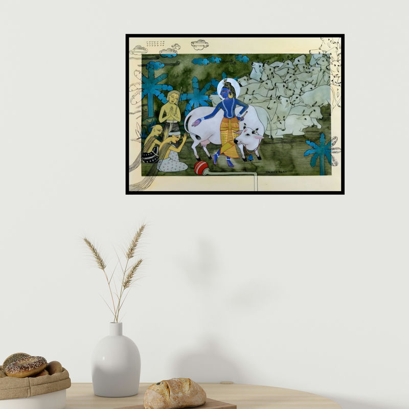 In-situ view of Yojana Dehankar's 'Surabhi (Divine Cowherd)' painting in a room