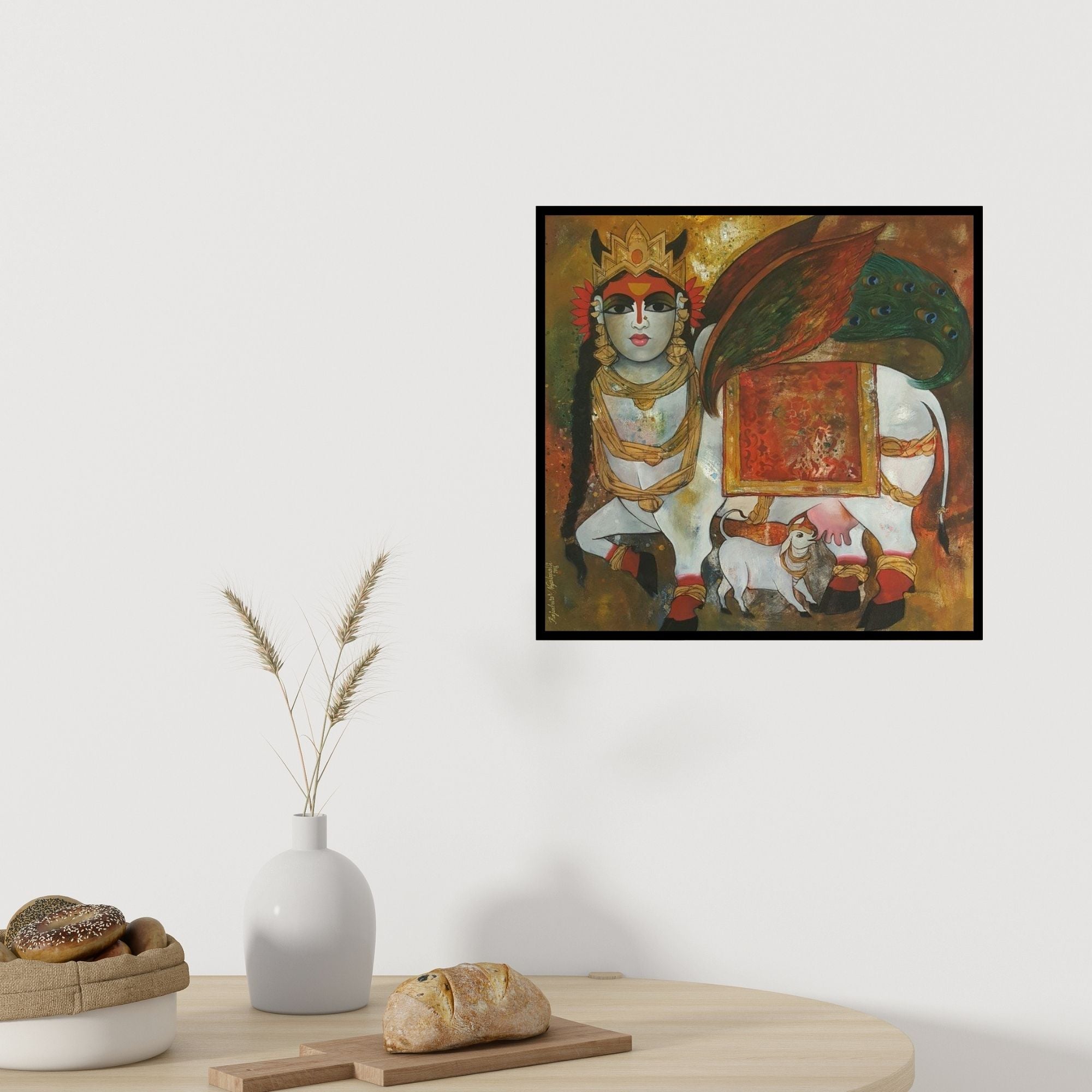 Preview of 'Surabhi' Painting by Rajeshwar Nyalapalli shown on a wall in a furnished room.