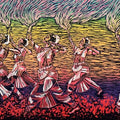 Figurative printmaking titled 'Surfing On Burning Balls', 19x32 inches, by artist Swati Siwach on Woodcut