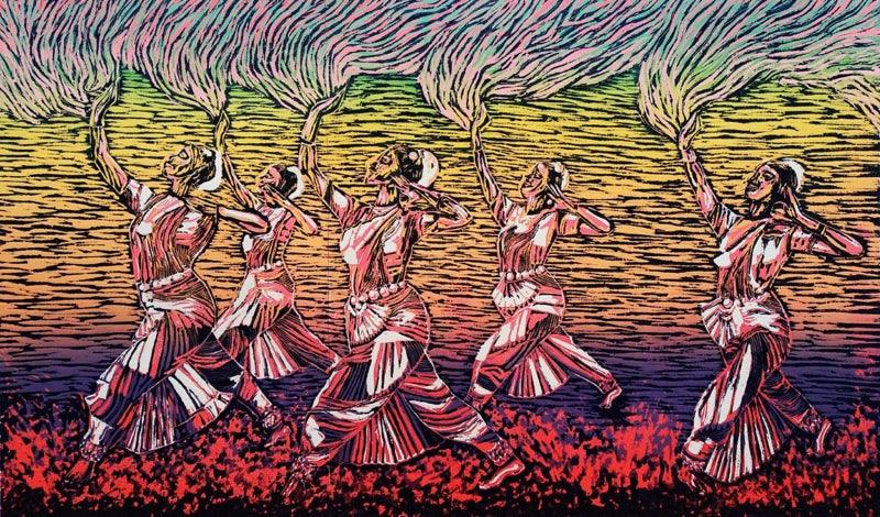 Figurative printmaking titled 'Surfing On Burning Balls', 19x32 inches, by artist Swati Siwach on Woodcut