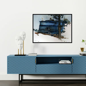 Preview of 'Surrender To Him And Enter 22X30' Painting by Prashant Prabhu shown on a wall in a furnished room.