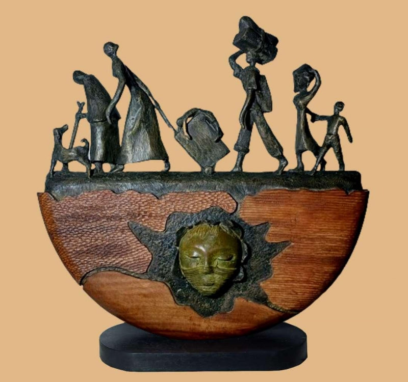 Survive' figurative Bronze, Wood sculpture by artist Subrata Paul, 27x26 inch, on bronze, wood