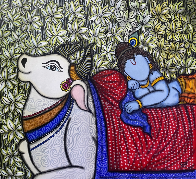 Sushupta' religious acrylic painting by artist Mrinal Dutt, 32x35 inch, on canvas