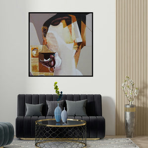 Lakshman Chavan's 'Swayvedan 101 (The Oracle's Message)' painting visualized above a sofa in a contemporary room.