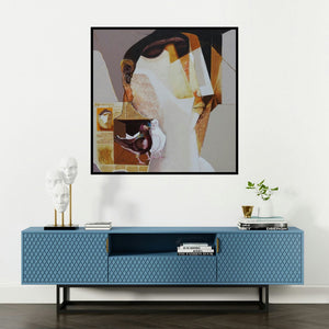 'Swayvedan 101 (The Oracle's Message)' painting by Lakshman Chavan shown on a wall in a furnished room.