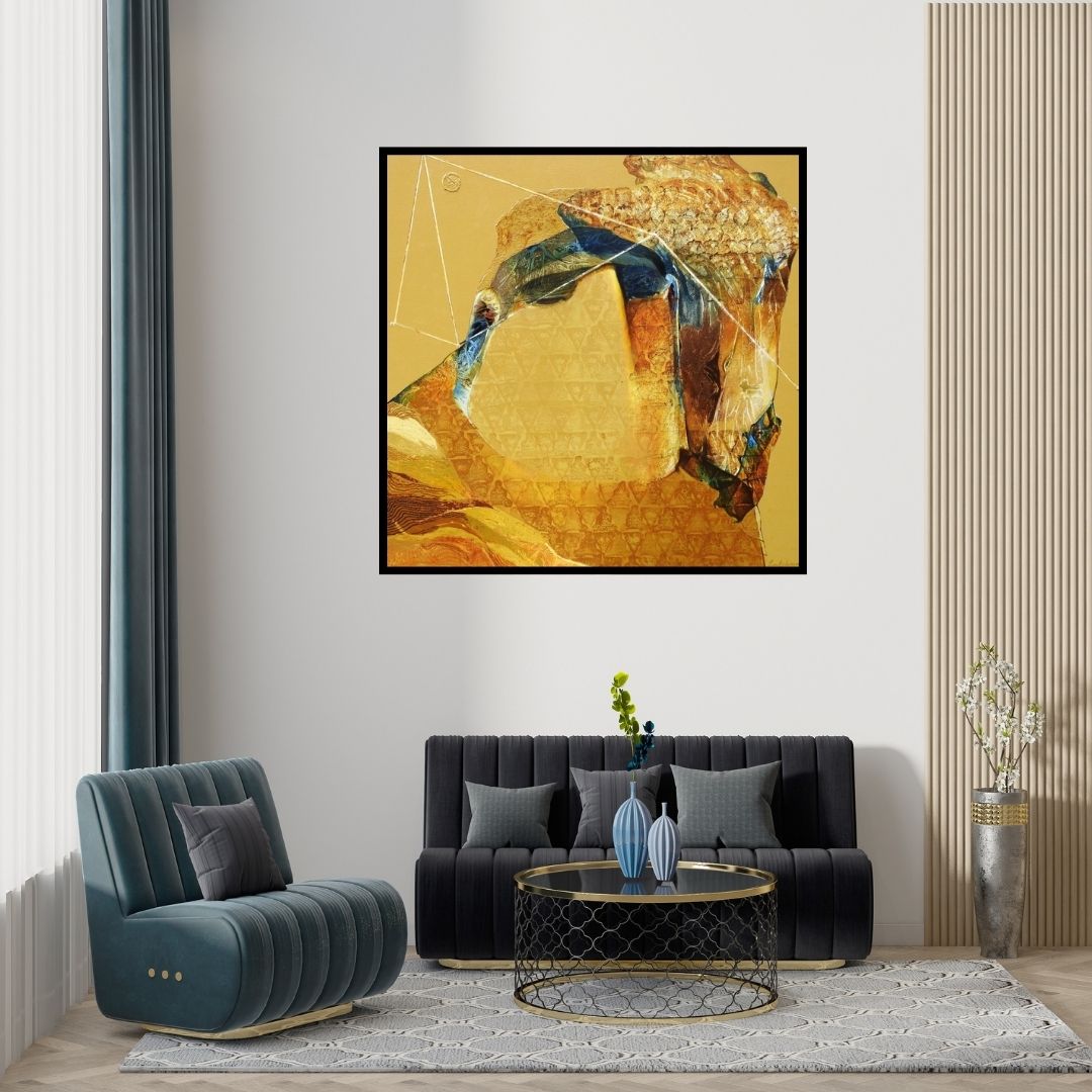 Preview of 'Swayvedan 103 (Celestial Tapestry)' Painting by Lakshman Chavan shown on a wall in a furnished room.