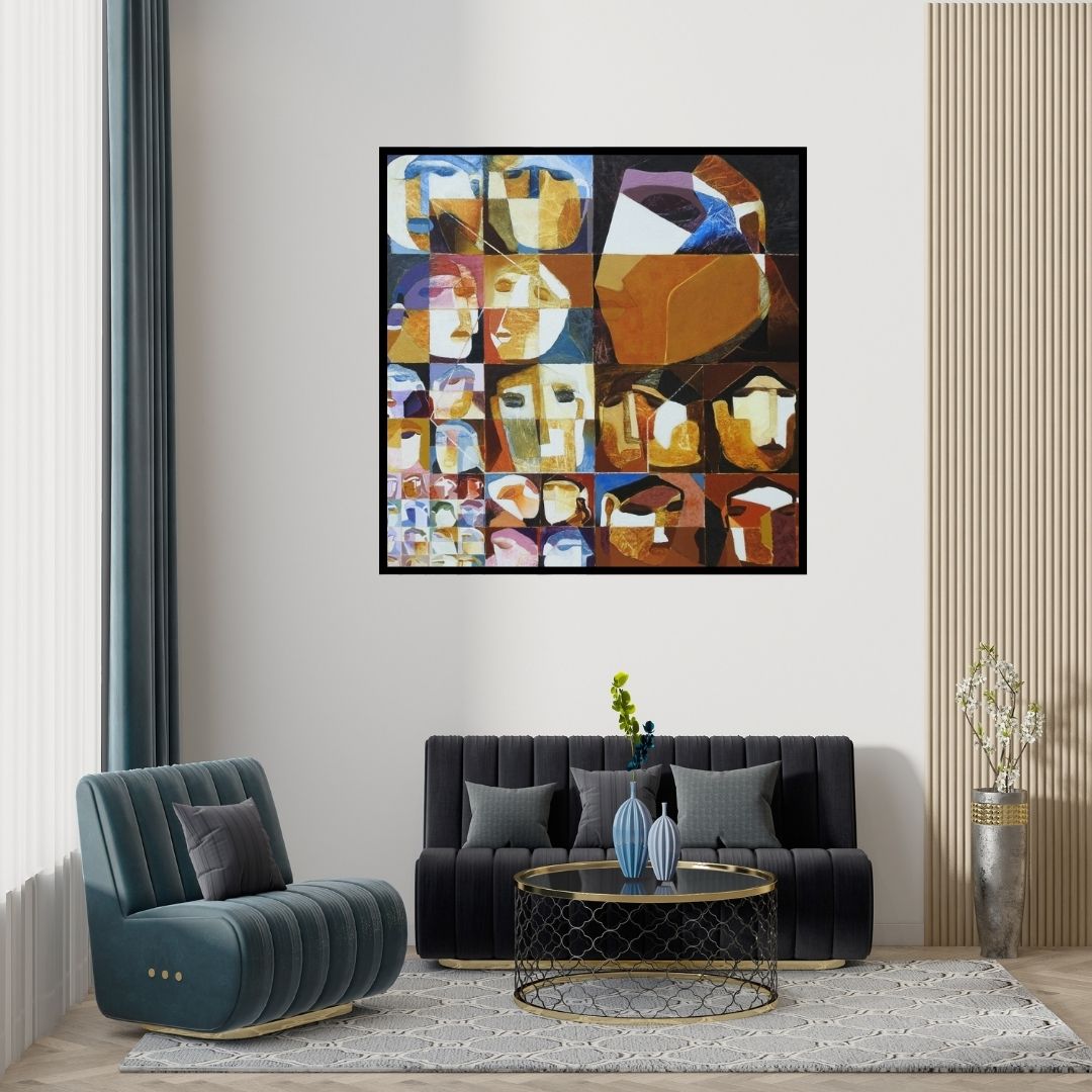 Preview of 'Swayvedan 108 (Collective Consciousness)' Painting by Lakshman Chavan shown on a wall in a furnished room.