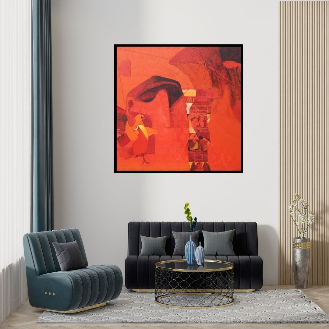 Preview of 'Swayvedan 133 (The Oracle)' Painting by Lakshman Chavan shown on a wall in a furnished room.