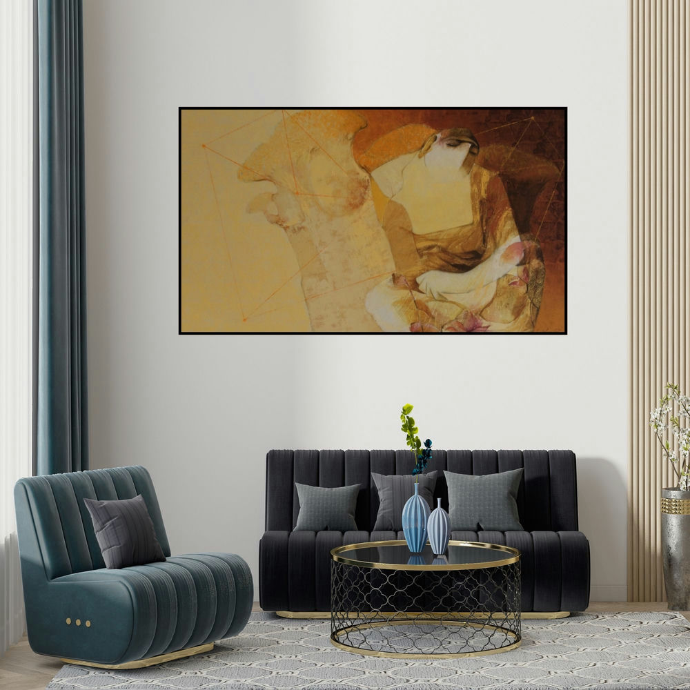 Lakshman Chavan's 'Swayvedan 134' painting visualized above a sofa in a contemporary room.