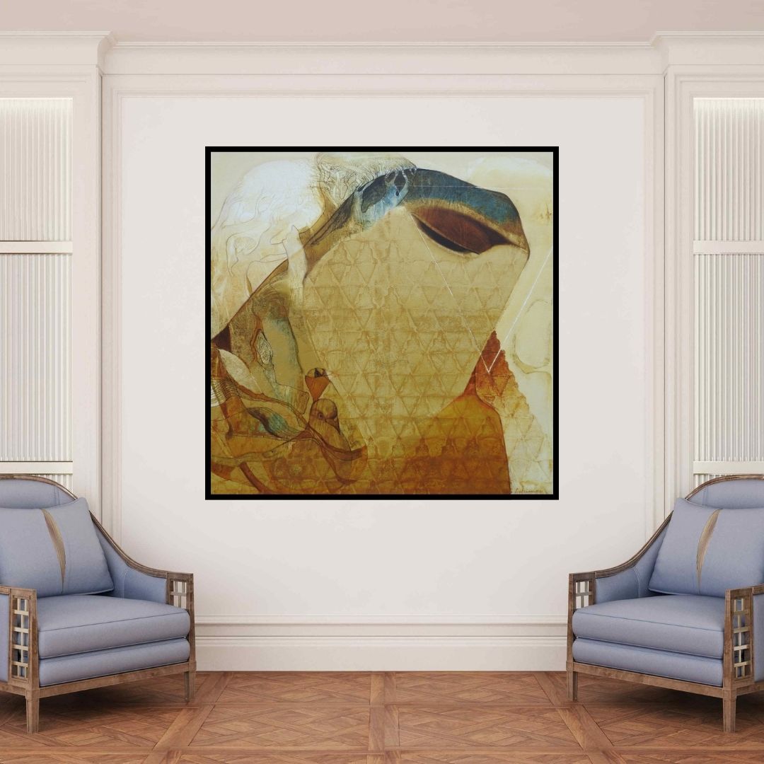 In-situ view of Lakshman Chavan's 'Swayvedan 152 (A Flight of Imagination)' painting in a room