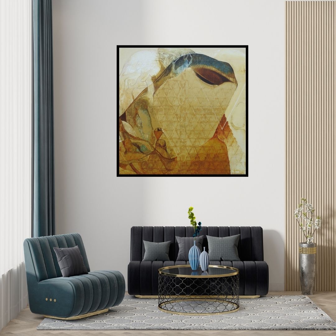 Preview of 'Swayvedan 152 (A Flight of Imagination)' Painting by Lakshman Chavan shown on a wall in a furnished room.