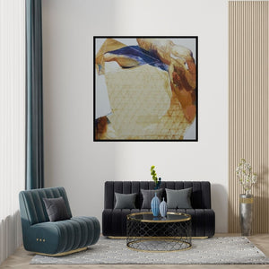 Preview of 'Swayvedan 155 (Intersecting Realms)' Painting by Lakshman Chavan shown on a wall in a furnished room.