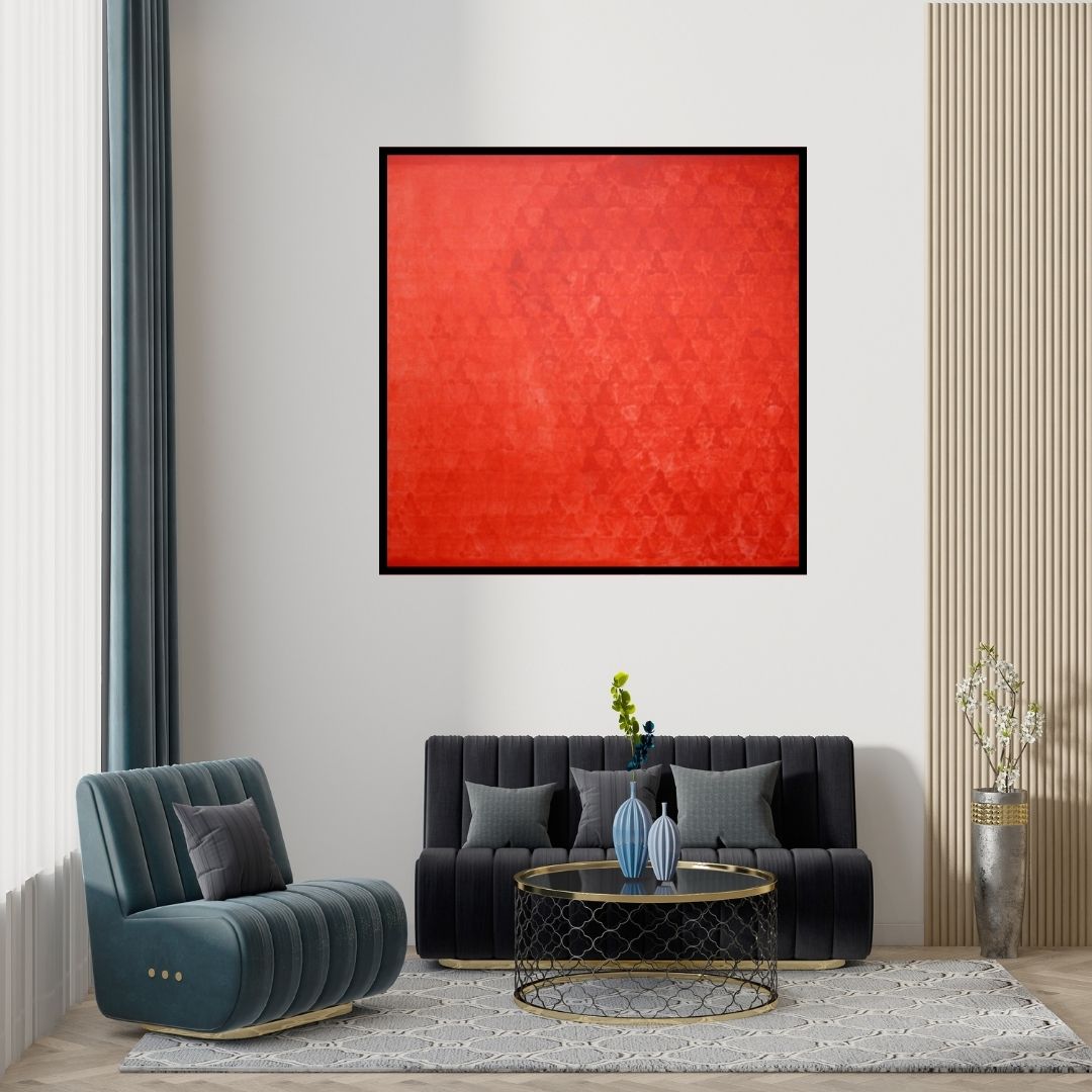Preview of 'Swayvedan 36 (Crimson Sea of Forms)' Painting by Lakshman Chavan shown on a wall in a furnished room.