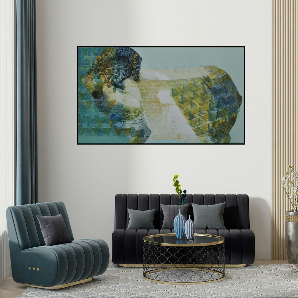 Lakshman Chavan's 'Swayvedan 37 (The Dreamer)' painting visualized above a sofa in a contemporary room.