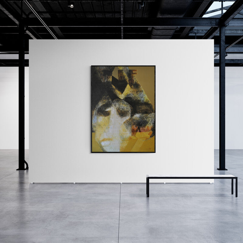 Lakshman Chavan's painting 'Swayvedan 56 (The Inner Quest)' displayed in a modern living room setting