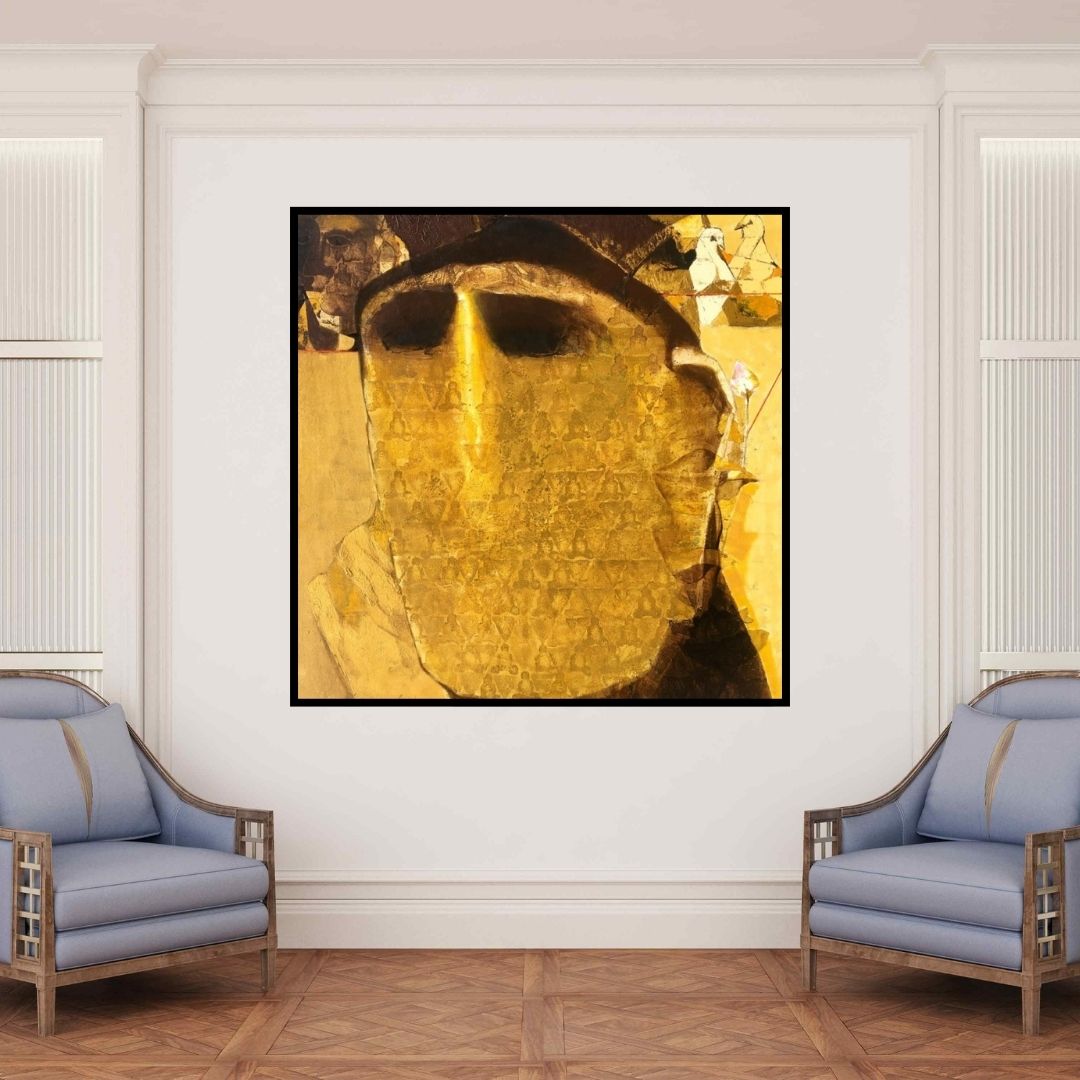 In-situ view of Lakshman Chavan's 'Swayvedan 61 (Golden Face)' painting in a room