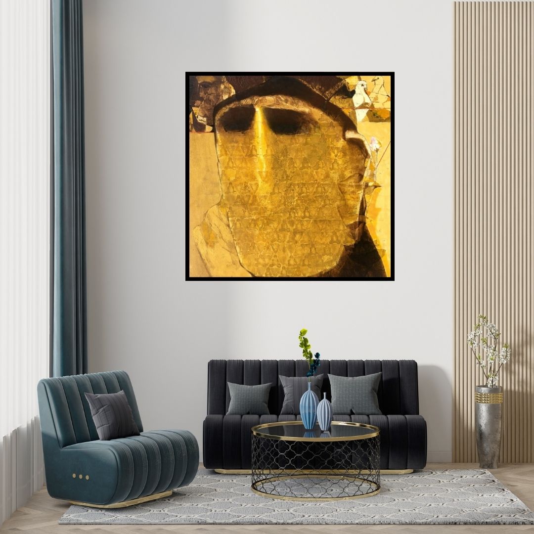Preview of 'Swayvedan 61 (Golden Face)' Painting by Lakshman Chavan shown on a wall in a furnished room.