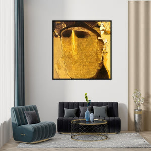 Preview of 'Swayvedan 61 (Golden Face)' Painting by Lakshman Chavan shown on a wall in a furnished room.