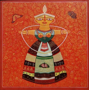 Sweet Doll 1 by Bhaskar Lahiri, Original Acrylic Figurative Painting on Canvas, Medium Square Wall Art
