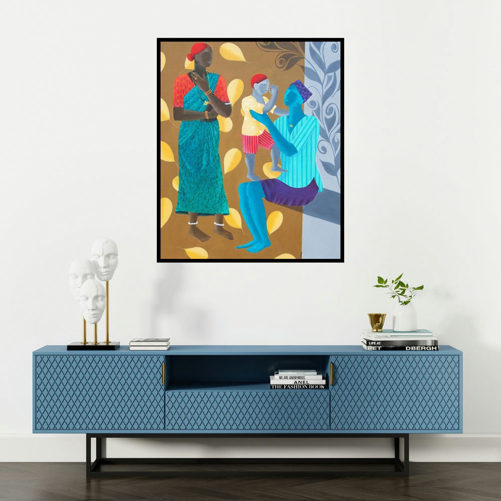 Abhiram Bairu's 'Sweet Family (Mother and Child)' painting visualized above a sofa in a contemporary room.